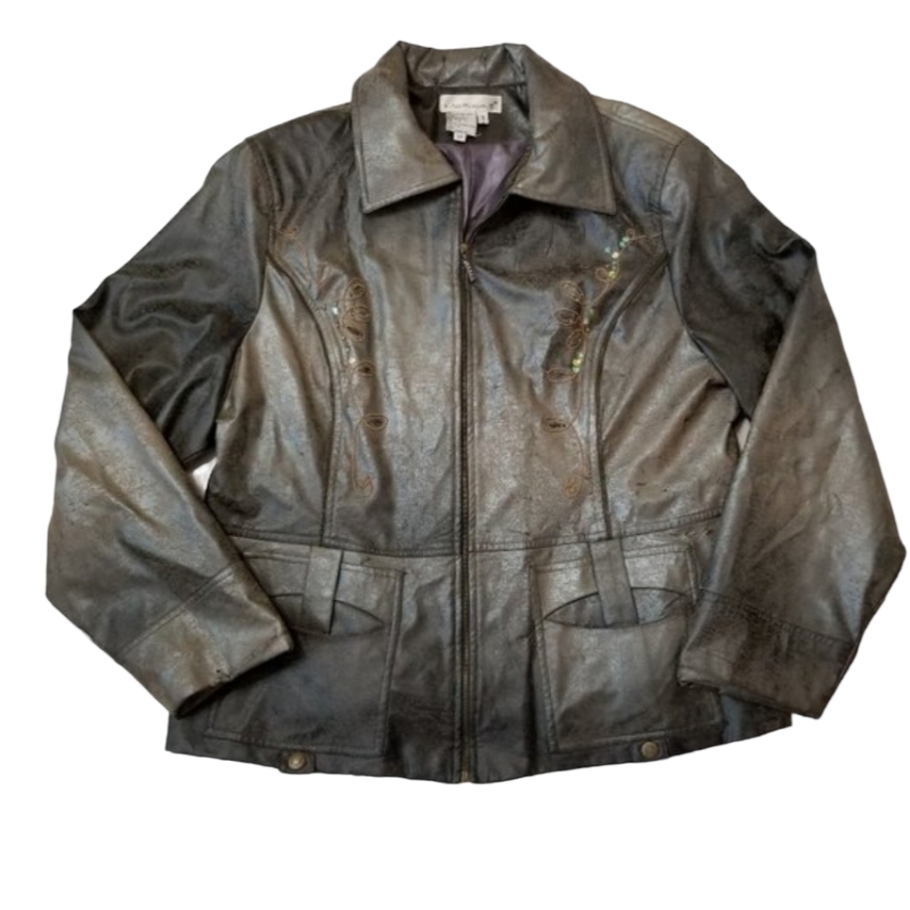 MATTINA T Vegan Leather Jacket Womens 18 Burnished Bronze sequins Full zip Edgy